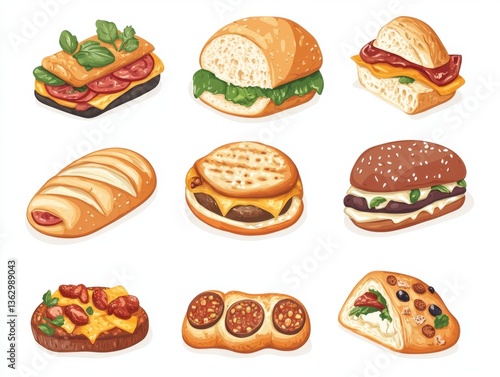 Delicious assortment of gourmet sandwiches and open faced toasts on a clean white background showcasing culinary artistry and appetizing food presentation