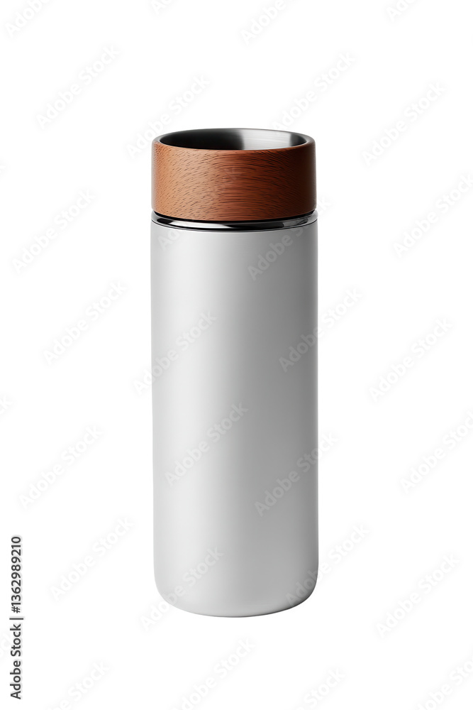 Isolated white thermos with wooden lid Isolated white thermos with wooden lid