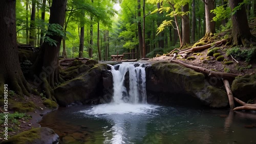 Serene forest waterfall cascading into reflective pool with lush greenery