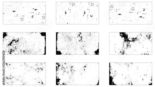 Grunge frame border texture on isolate background. Set of different distressed black grain texture. Distress overlay vector textures. 
