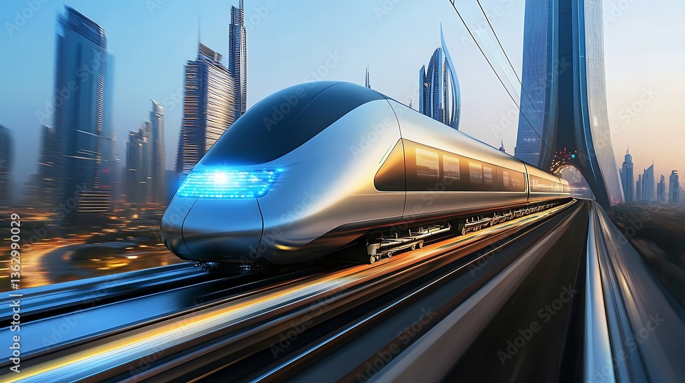 Fototapeta premium High-speed hover train seamlessly gliding above electromagnetic tracks, connecting futuristic megacities 