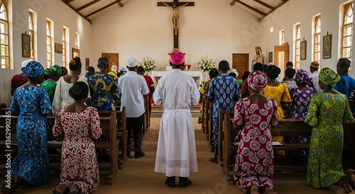 Congregation Kneeling in Prayer During Religious Service in Church