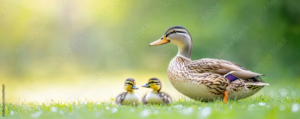 Obraz premium Mallard Duck and Ducklings on Green Grass in Soft Sunlight