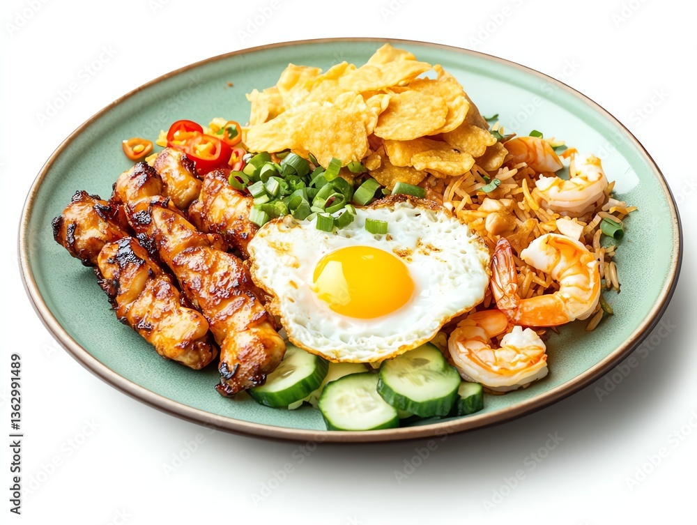 Enjoy Delicious Fried Rice with Shrimp, Chicken, and Fried Egg Enjoy Delicious Fried Rice with Shrimp, Chicken, and Fried Egg
