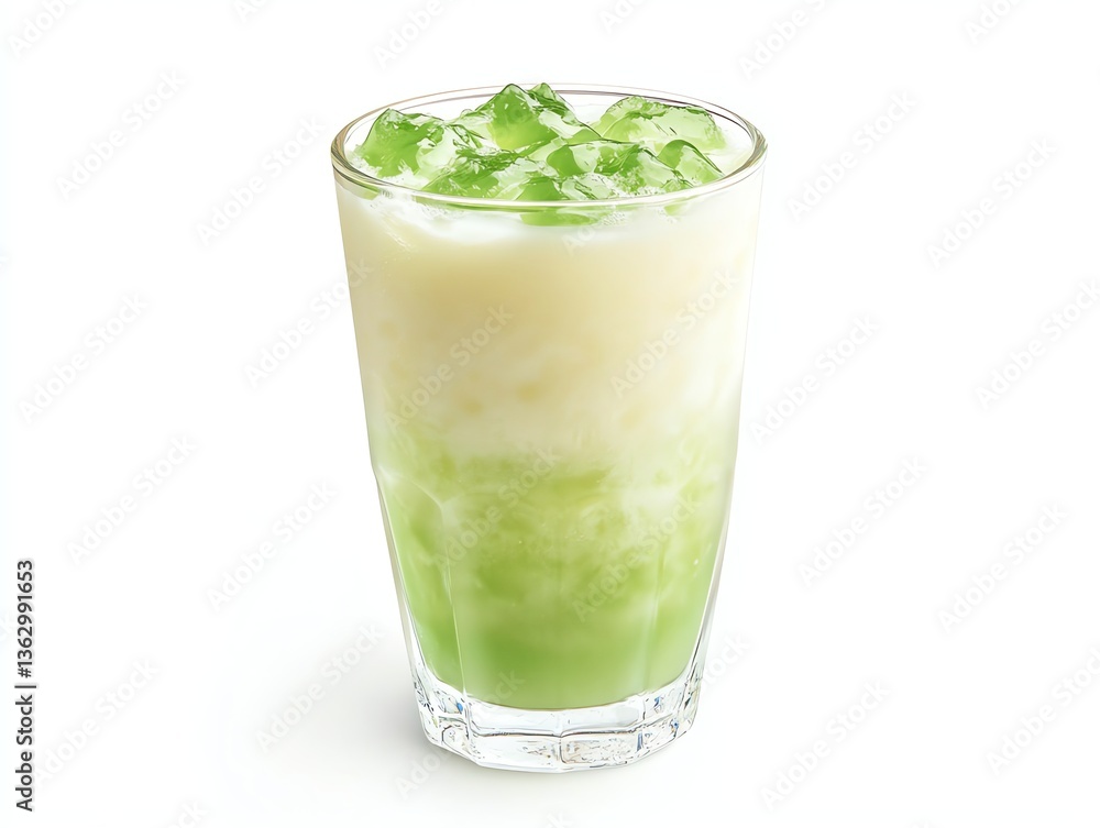Refreshing Green Drink with Cubes and Milk in Glass Isolated Refreshing Green Drink with Cubes and Milk in Glass Isolated