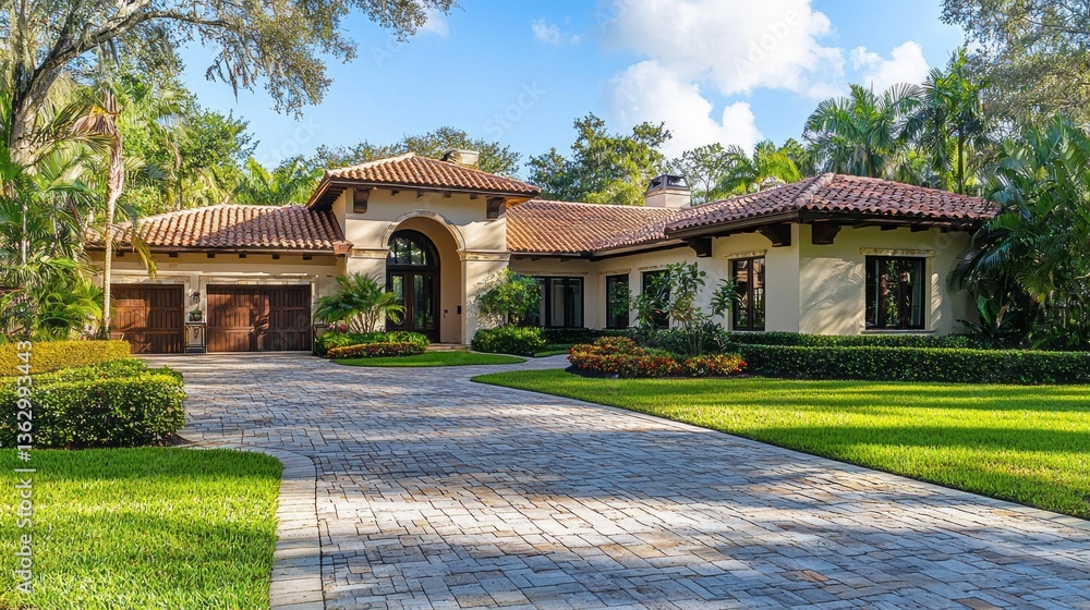 A stunning villa showcases its Mediterranean design, surrounded by meticulously manicured lawns and vibrant tropical plants. Sunlight filters through the trees, creating a peaceful atmosphere A stunning villa showcases its Mediterranean design, surrounded by meticulously manicured lawns and vibrant tropical plants. Sunlight filters through the trees, creating a peaceful atmosphere