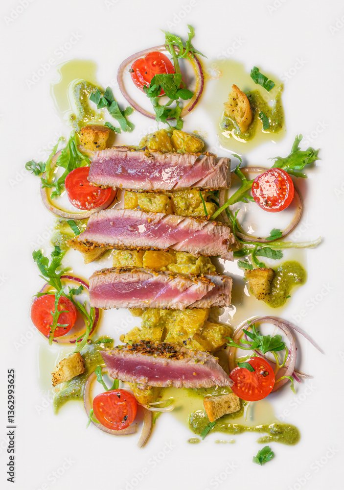 tuna steak on orange salad with pistachios and toasted bread