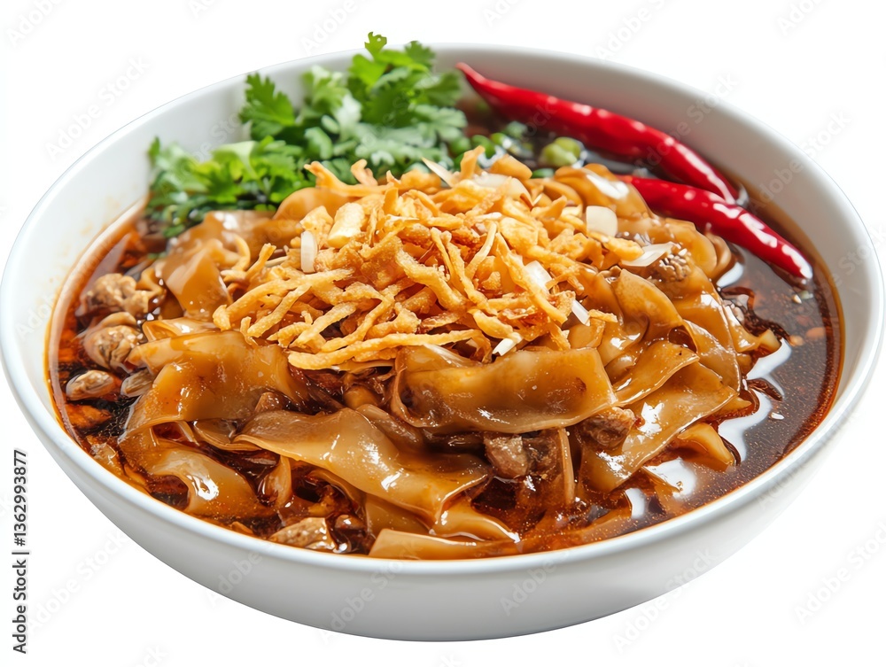 Serving of Delicious Asian Noodles with Spicy Broth and Fresh Herbs Serving of Delicious Asian Noodles with Spicy Broth and Fresh Herbs