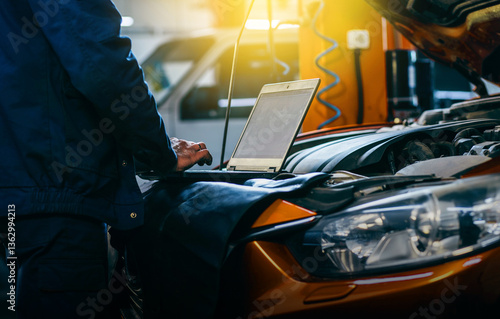 Car care maintenance and servicing, Hand technician auto mechanic checking inspection list after fix or repairing change spare part car engine problem and car insurance service support assistance.