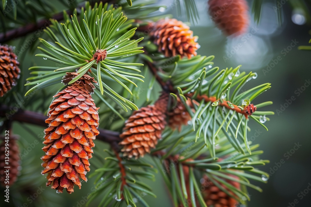 Fototapeta premium Close-up of pine cones hanging from evergreen branches with morning dew, showcasing nature’s texture and forest detail in a calm, moody, and fresh atmosphere