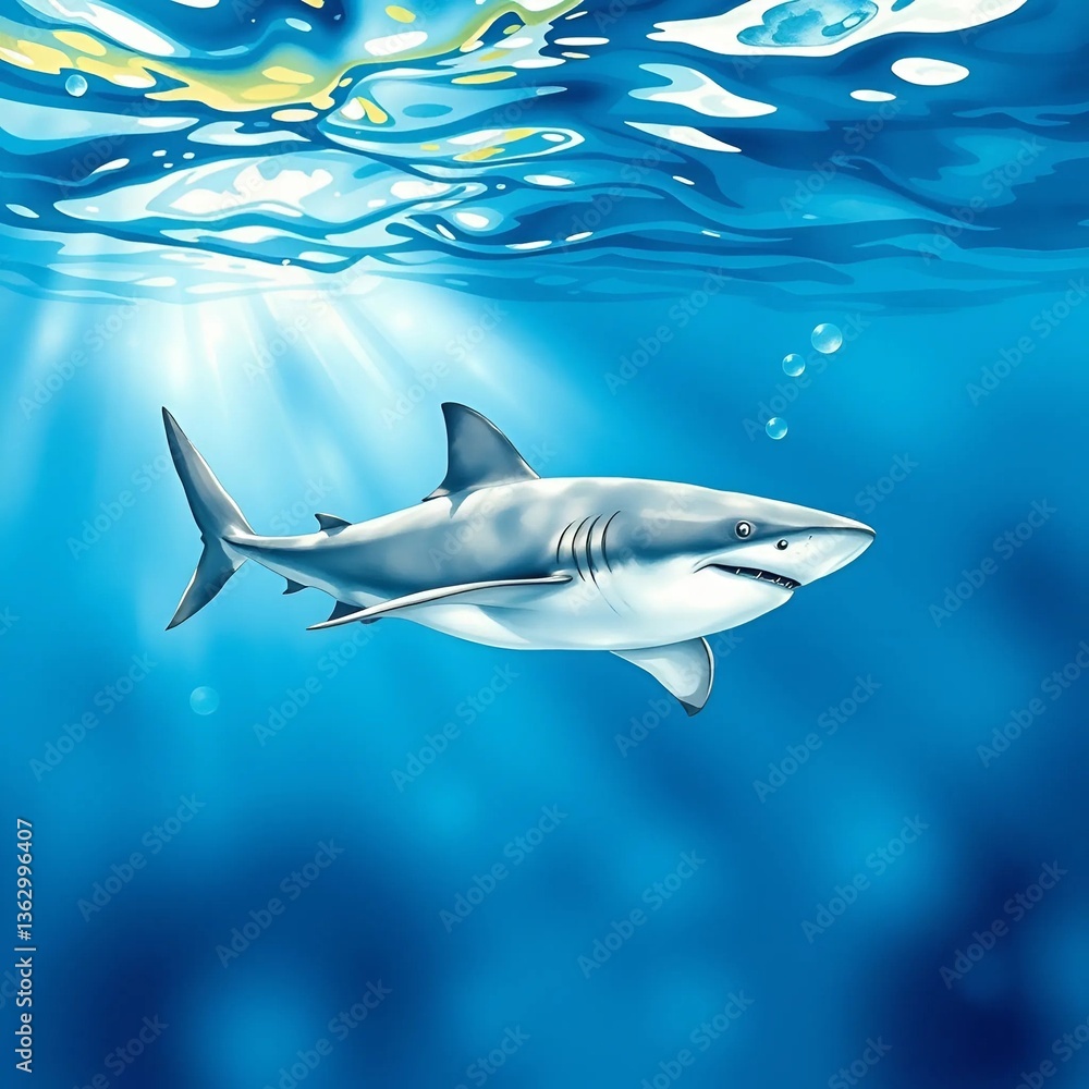 Obraz premium Close up of shark in ocean on water surface. Watercolor style