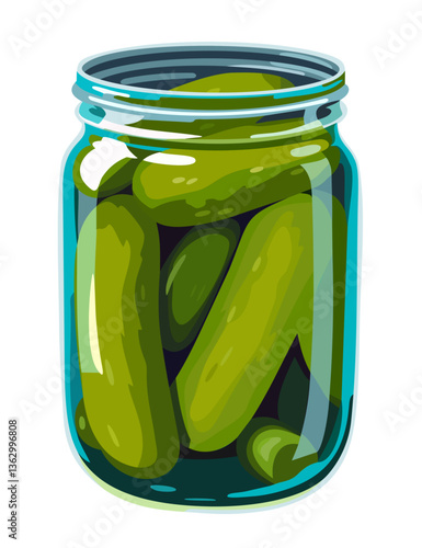 Marinated pickles in jar. Vector isolated illustration