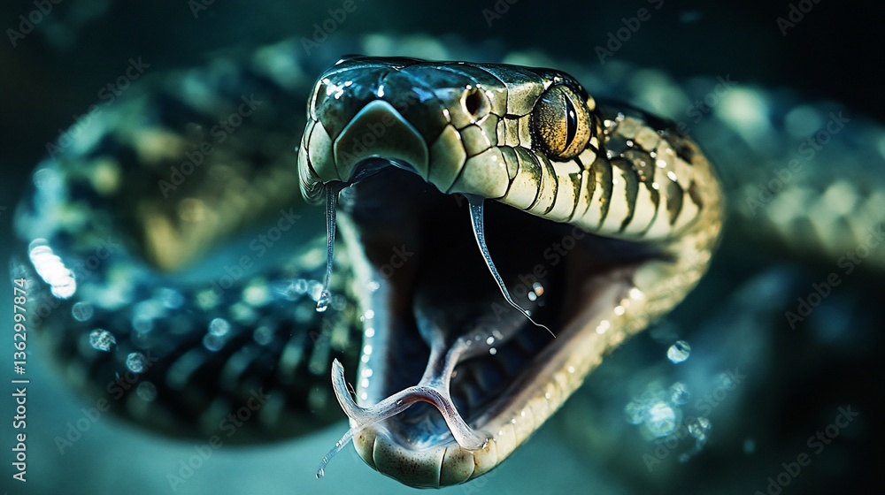 Obraz premium Striking green snake with open mouth, fangs visible, underwater.