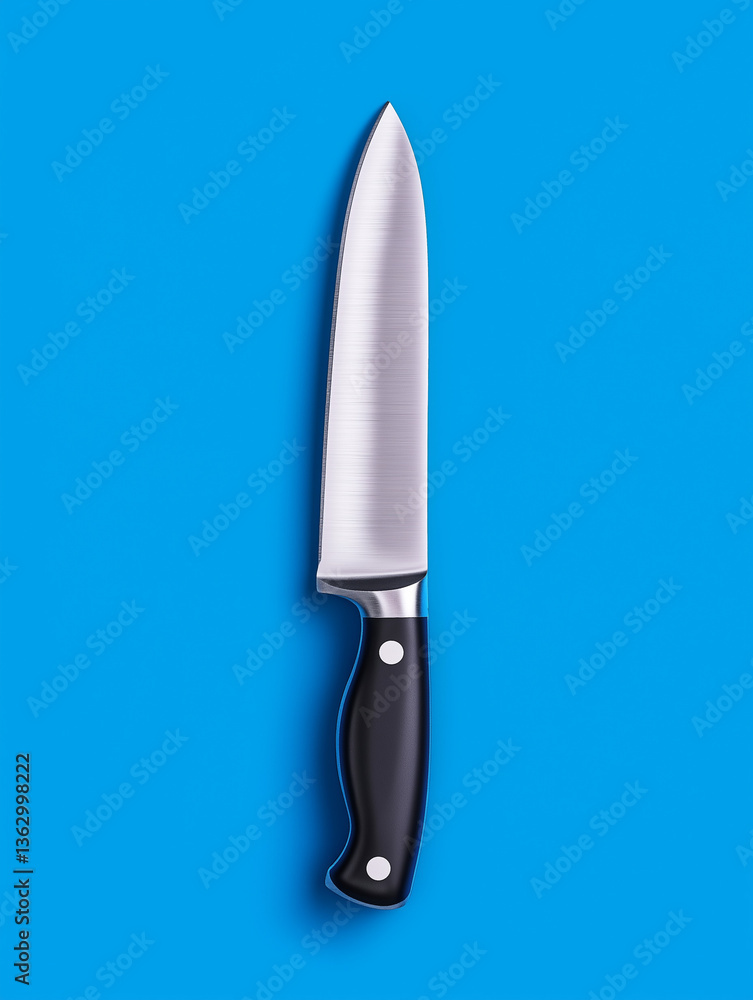 Culinary precision: A gleaming chef's knife rests serenely on a vibrant blue backdrop, its sharp blade reflecting the promise of culinary excellence. Culinary precision: A gleaming chef's knife rests serenely on a vibrant blue backdrop, its sharp blade reflecting the promise of culinary excellence.
