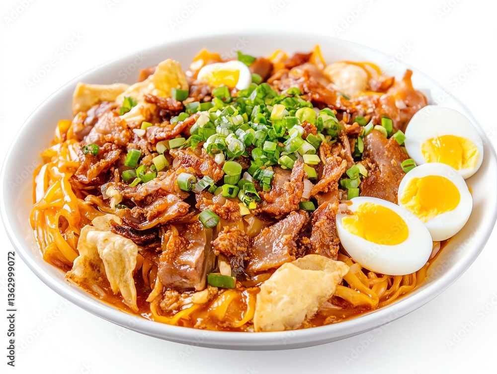 Delicious Pork Noodles Dish with Boiled Eggs and Fresh Scallions Delicious Pork Noodles Dish with Boiled Eggs and Fresh Scallions