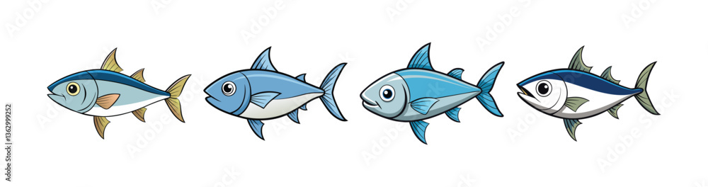 Set of Charming Bonito Fish in Colorful Ocean Illustration Set of Charming Bonito Fish in Colorful Ocean Illustration