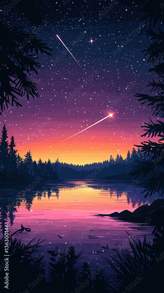 Obraz premium Serene starry night landscape with a shooting star over a tranquil lake reflecting colorful sky and silhouette of trees creating a peaceful nature scene