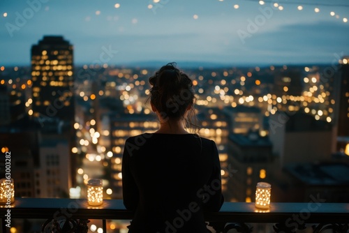 Woman looking at night city lights	