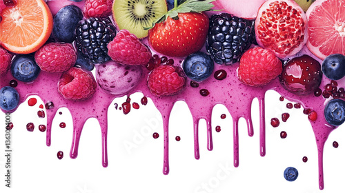 Vibrant Burst of Mixed Berries with Dripping Pink Smoothie A Fresh Colorful Delight
