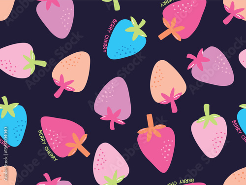 COLORFUL STRAWBERRIES SEAMLESS PATTERN WITH BERRY CHERRY TYPOGRAPHY ALL OVER PERINT WITH DARK BLACK BACKGROUND VECTOR ILLSUTRATION