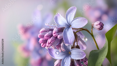 Close-Up of Lilac with Dew Drops, Soft Purple Tones, Freshness of Spring