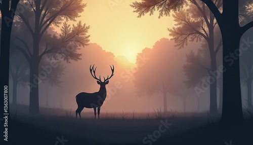 Majestic Deer Silhouette in a Misty Forest at Sunrise, Golden Light, Tranquil Wilderness
