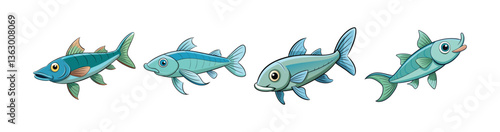 Set of Unique Icefish in Colorful Aquatic Scene