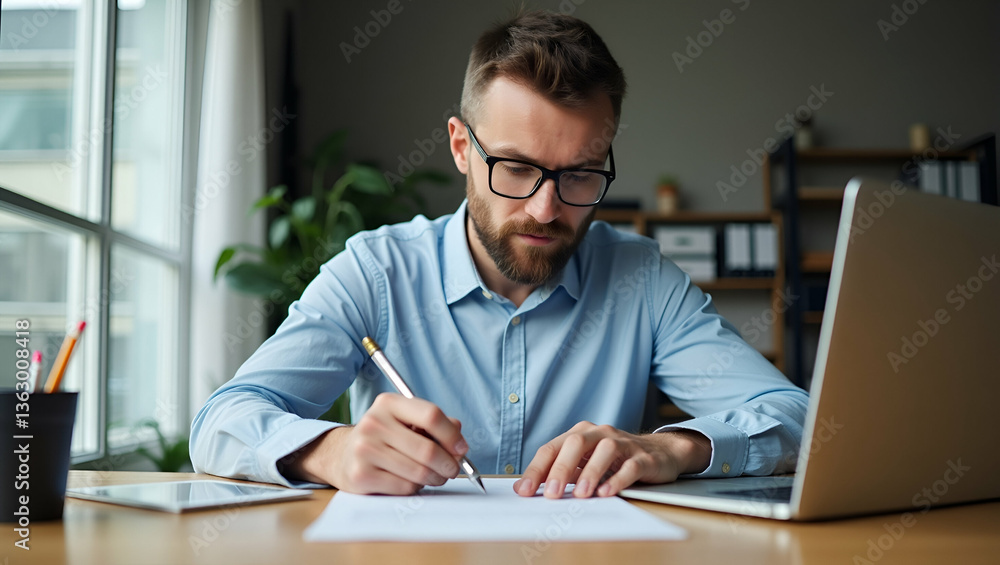 Man in Home Office Typing Resume and CV on Laptop for Job Applications - Job Hunting Concept Man in Home Office Typing Resume and CV on Laptop for Job Applications - Job Hunting Concept