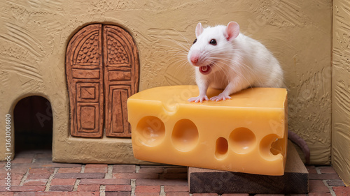 White Mouse on a Cheese Block