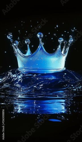 A stunning water crown formed by droplets of liquid in a dark background