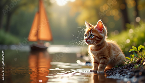 Ginger Kitten by the Stream with a Sailboat