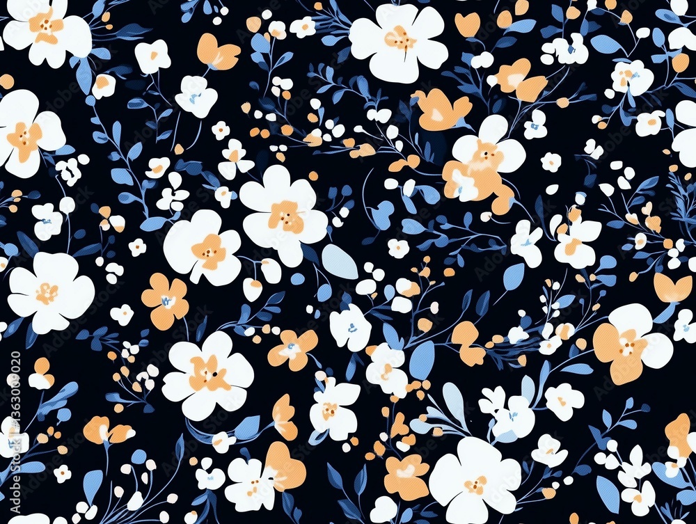 Elegant Floral Pattern with White and Peach Flowers on Dark Background Elegant Floral Pattern with White and Peach Flowers on Dark Background