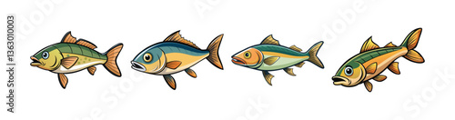 Set of Colorful Pollock Fish Illustration with Realistic Features