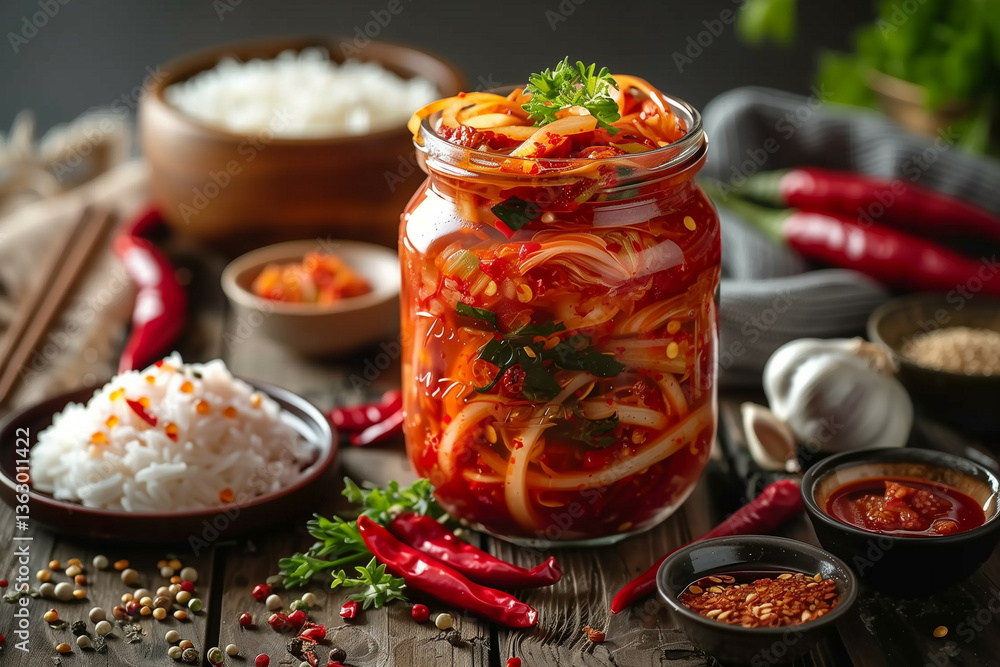 This image showcases a beautifully presented jar of spicy fermented vegetables with rice and chili, perfect for illustrating Asian cuisine, traditional meals, and fermented food concepts This image showcases a beautifully presented jar of spicy fermented vegetables with rice and chili, perfect for illustrating Asian cuisine, traditional meals, and fermented food concepts