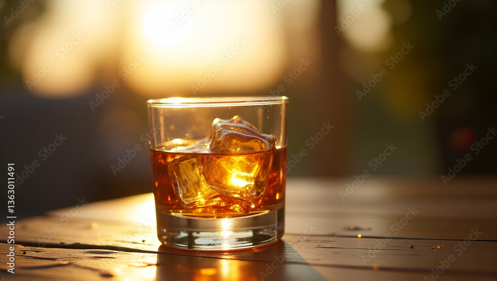 Refreshing Whiskey on the Rocks: A Chilled Beverage in a Sunlit Setting for Relaxing Lifestyle Photography - Inviting Scene of Whiskey Over Ice Refreshing Whiskey on the Rocks: A Chilled Beverage in a Sunlit Setting for Relaxing Lifestyle Photography - Inviting Scene of Whiskey Over Ice