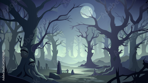 A foggy, haunted forest where twisted trees cast eerie shadows under a pale moonlight