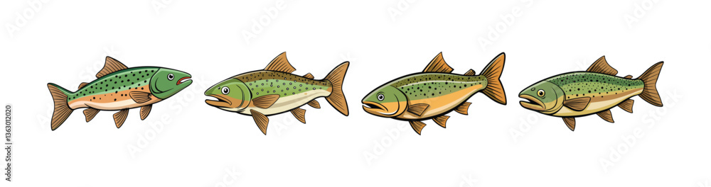 Fototapeta premium Set of Colorful Wandering Trout Realistic Illustration with Bright Features