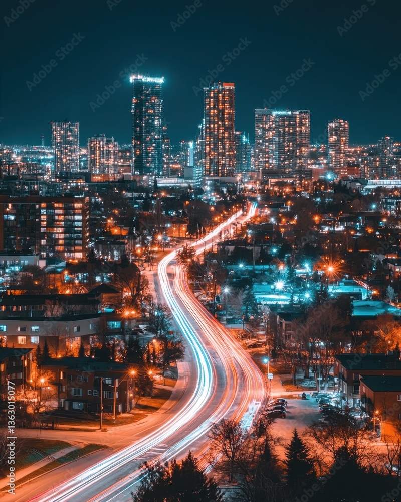 Obraz premium Captivating urban nightscape featuring vibrant light trails weaving through a modern city skyline at twilight scenic view