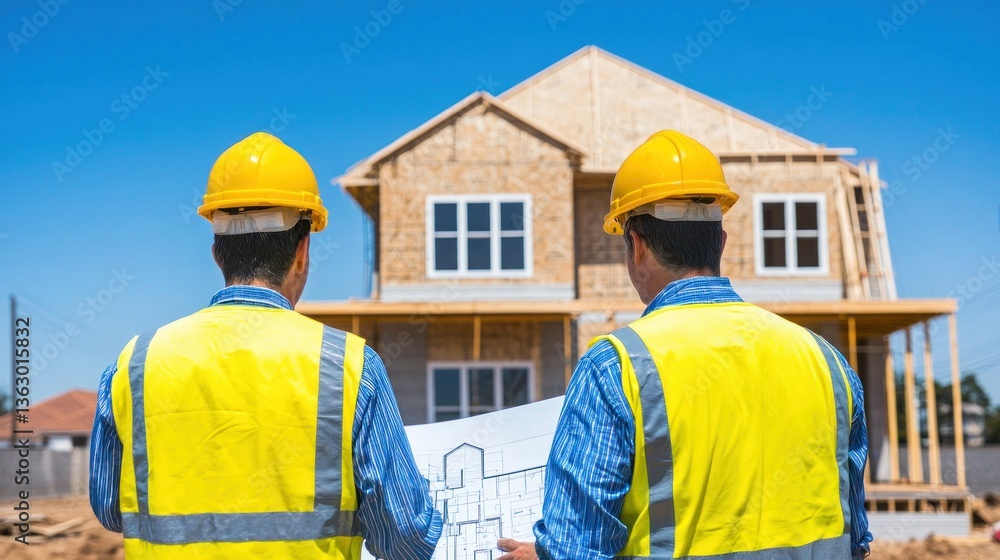 House building project insights construction site image showcase bright day two builders analyzing plans
