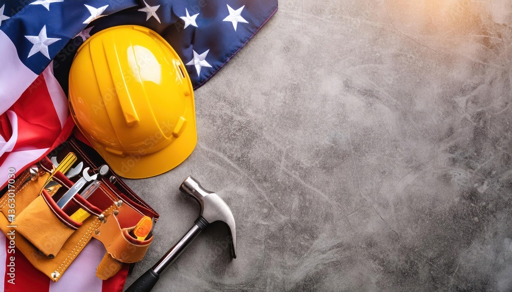 Tools, Hardhat, and Toolbelt with US Flag on White Background Labor Day Concept Tools, Hardhat, and Toolbelt with US Flag on White Background Labor Day Concept