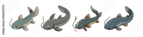 Set of Colorful Wels Catfish Illustration with Realistic Features