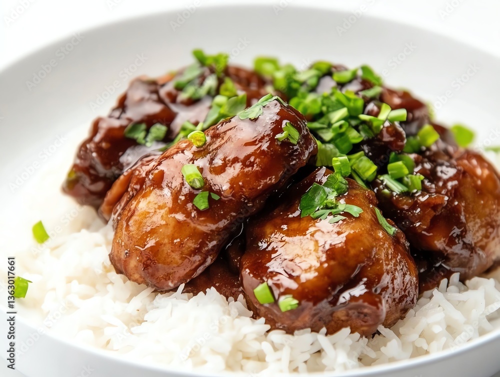 Serving of Teriyaki Chicken on Rice with Green Onion Garnish Close-up Serving of Teriyaki Chicken on Rice with Green Onion Garnish Close-up