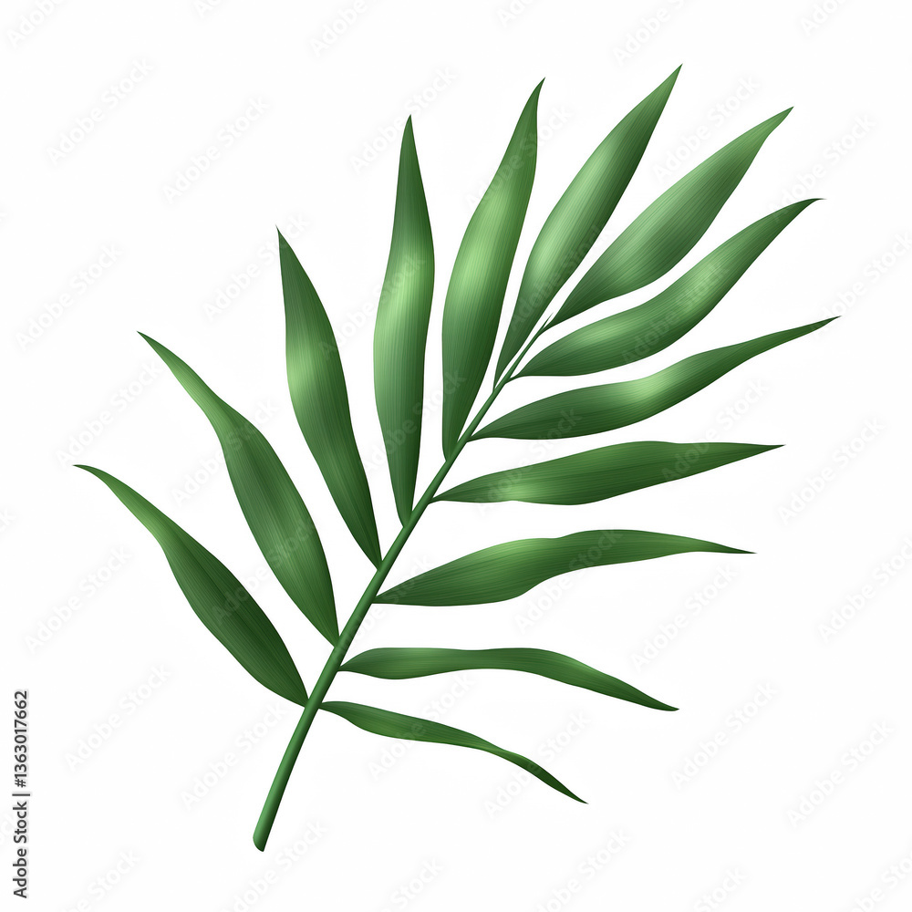 Naklejka premium Single green palm leaf with natural texture and tropical feel, perfect for botanical design, summer themes or nature graphics, isolated on transparent background