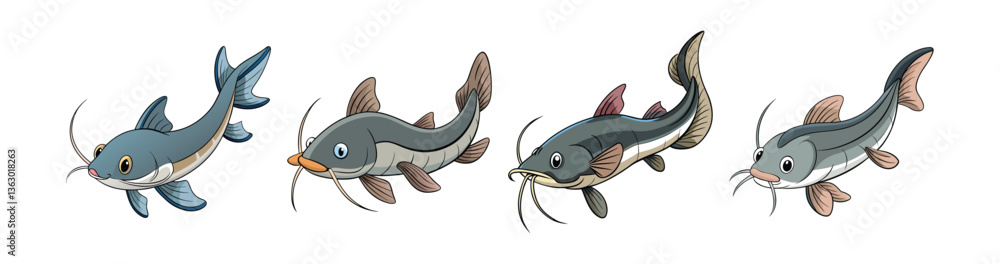Fototapeta premium Set of Realistic Whisker Catfish Illustration Featuring Bright Colors