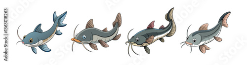 Set of  Realistic Whisker Catfish Illustration Featuring Bright Colors