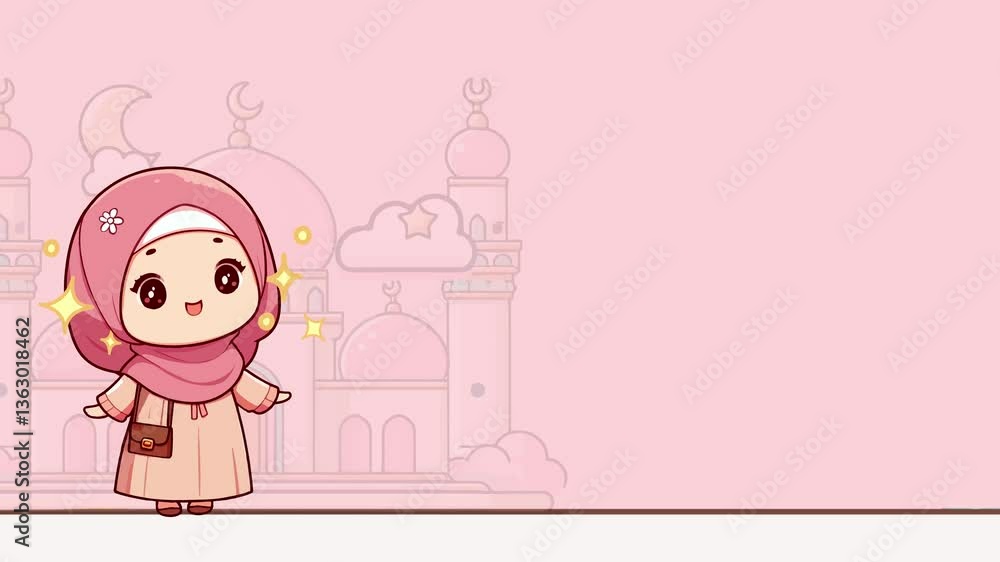 a cute cartoon islamic girl standing in front of a pink mosque a cute cartoon islamic girl standing in front of a pink mosque