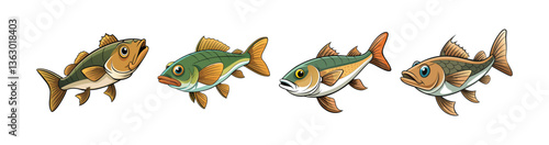 Set of  Whiskered Cod Fish Illustration Featuring Bright Colors