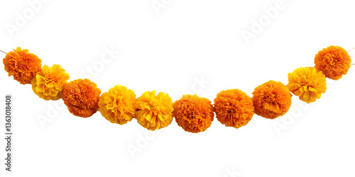 marigold flower garland displayed against  isolated on white background PNG,AI GENERATED ON WHITE BACKGROUND
