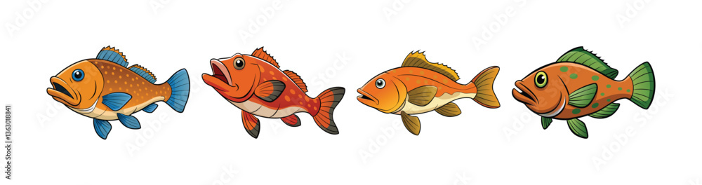 Set of Whistling Grouper Fish Realistic Illustration with Bright Colors Set of Whistling Grouper Fish Realistic Illustration with Bright Colors