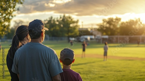 A family enjoys a sunset while watching a youth baseball game in a park, with children playing in the background and trees lining the field under a colorful sky